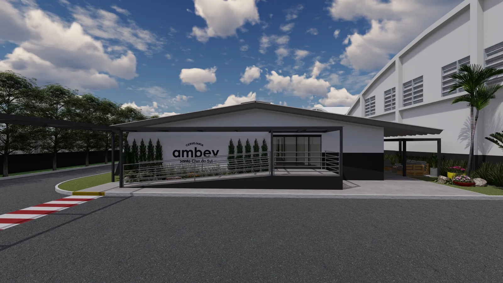 Projeto 3D (render) da fachada de acesso da unidade da Ambev em Santa Cruz do Sul, com marquise, rampa e paisagismo.